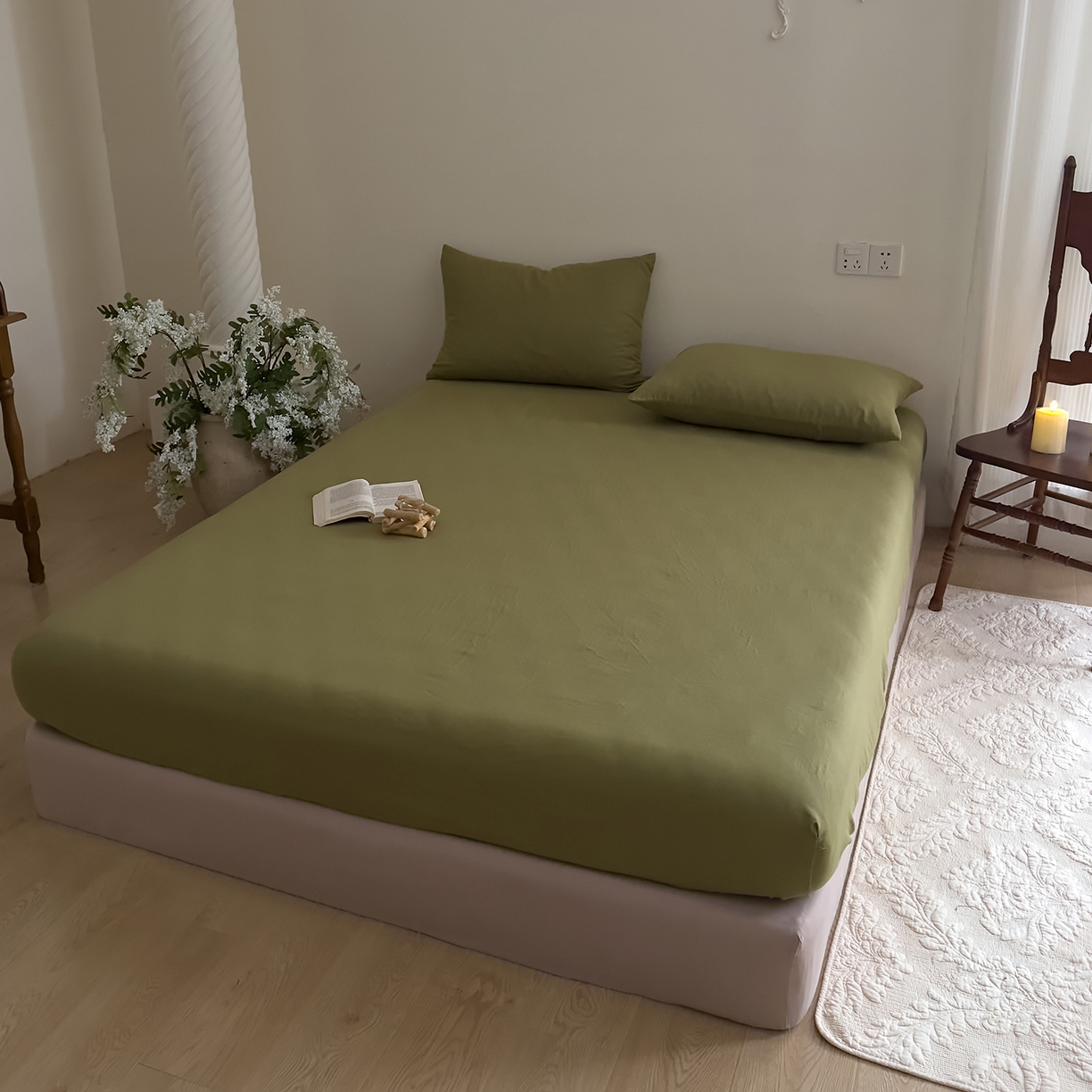 91家纺网 家纺一手货源 找家纺 DoDo 兜兜 2026新款全棉纯棉复古双层纱单品床笠系列（可定做尺寸） 深绿色