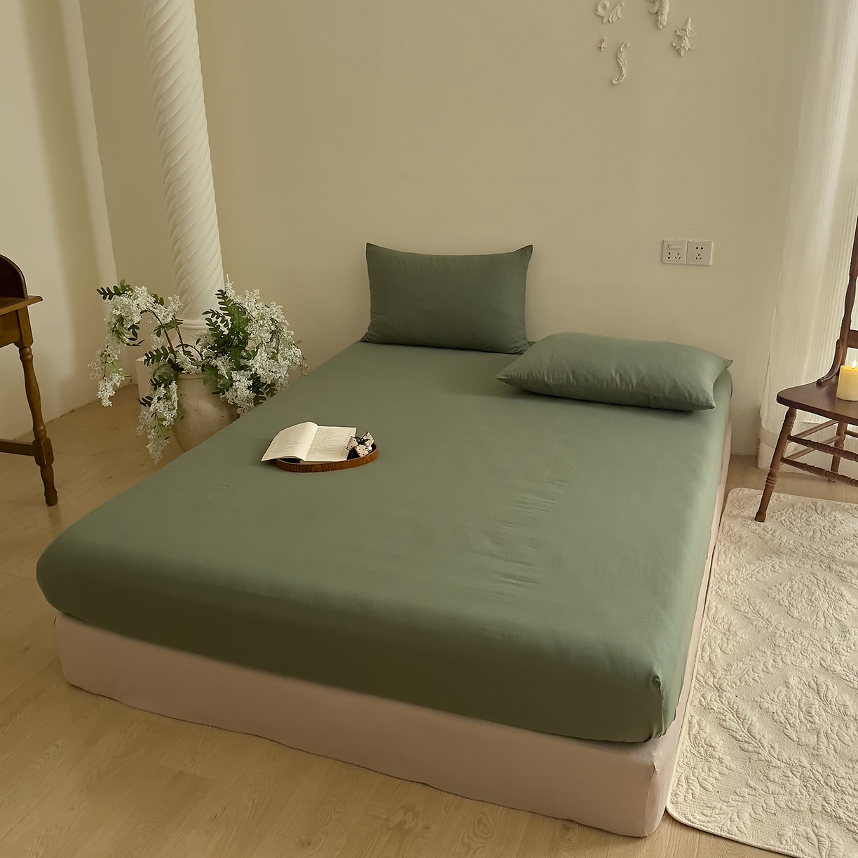 91家纺网 家纺一手货源 找家纺 DoDo 兜兜 2026新款全棉纯棉复古双层纱单品床笠系列（可定做尺寸） 绿色