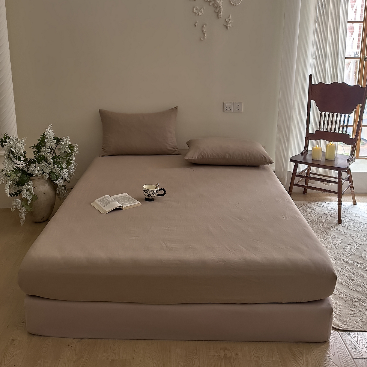 91家纺网 家纺一手货源 找家纺 DoDo 兜兜 2026新款全棉纯棉复古双层纱单品床笠系列（可定做尺寸） 杏仁色