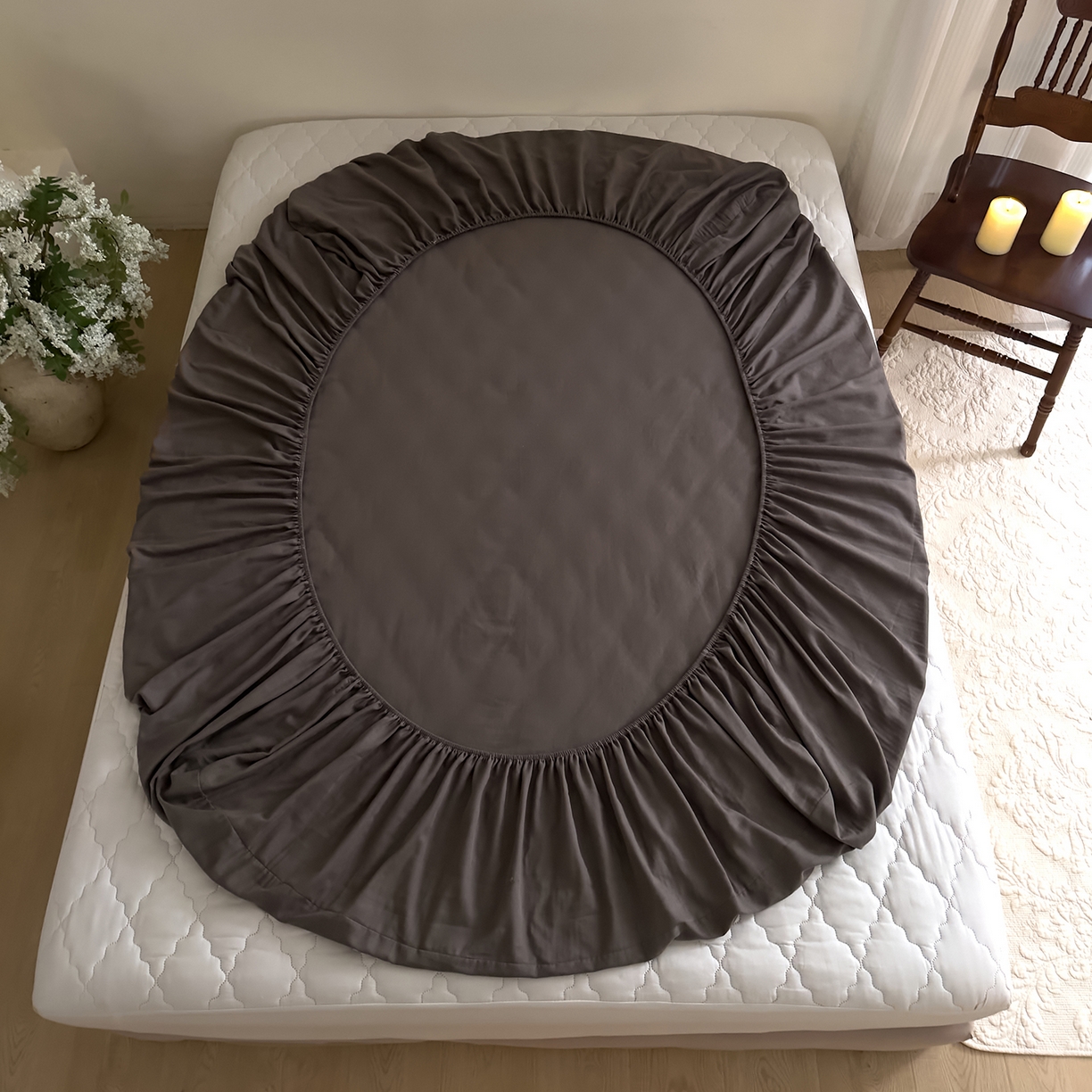 91家纺网 家纺一手货源 找家纺 DoDo 兜兜 2026新款全棉纯棉复古双层纱单品床笠系列（可定做尺寸） 烟灰色