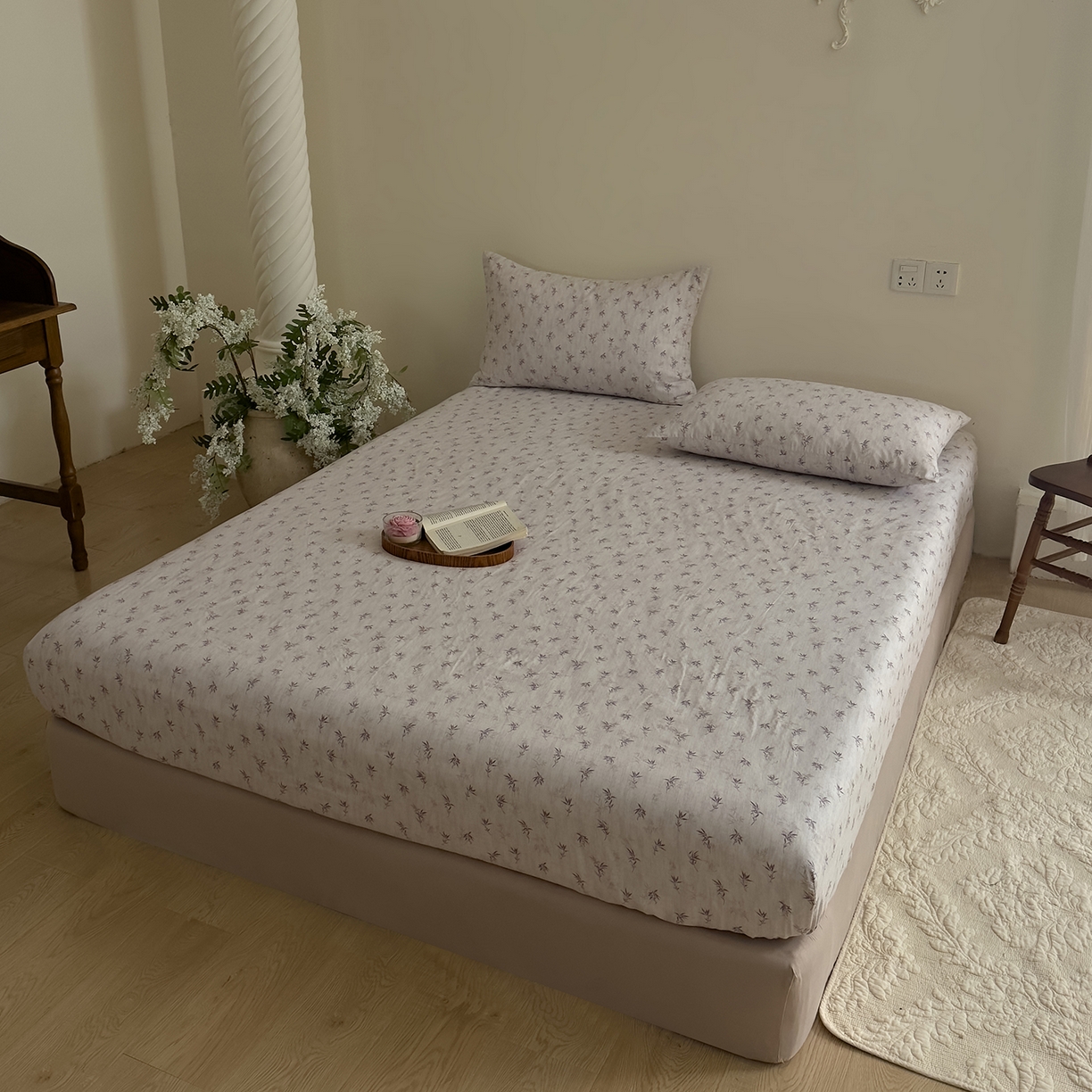 91家纺网 家纺一手货源 找家纺 DoDo 兜兜 2026新款全棉纯棉复古双层纱单品床笠系列（可定做尺寸） 青竹漫-灰