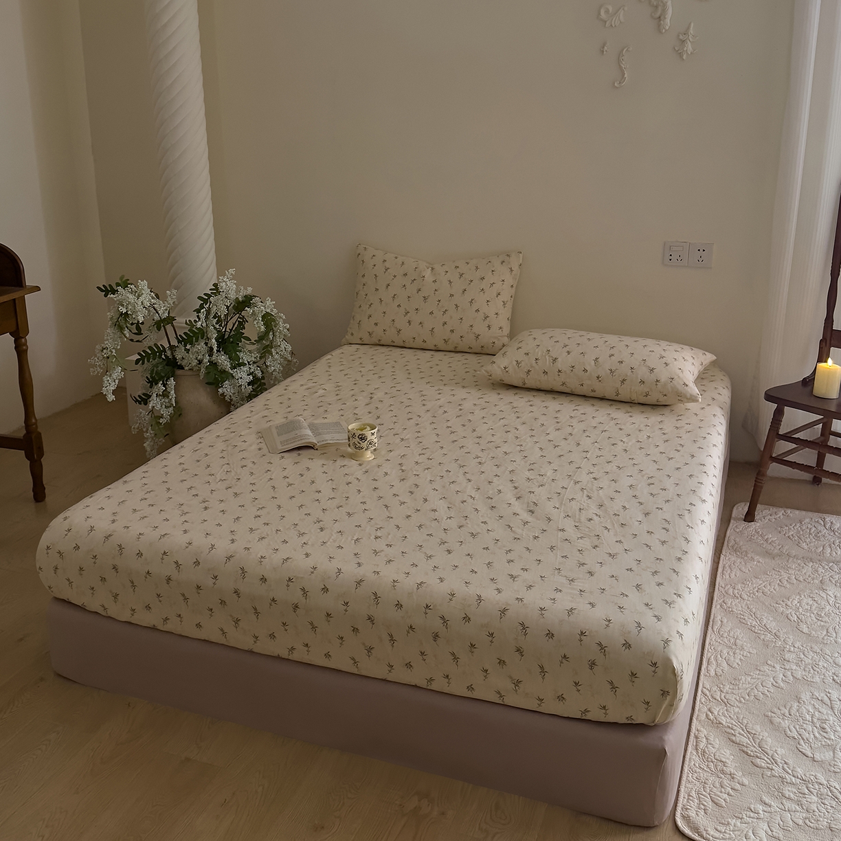 91家纺网 家纺一手货源 找家纺 DoDo 兜兜 2026新款全棉纯棉复古双层纱单品床笠系列（可定做尺寸） 青竹漫-米