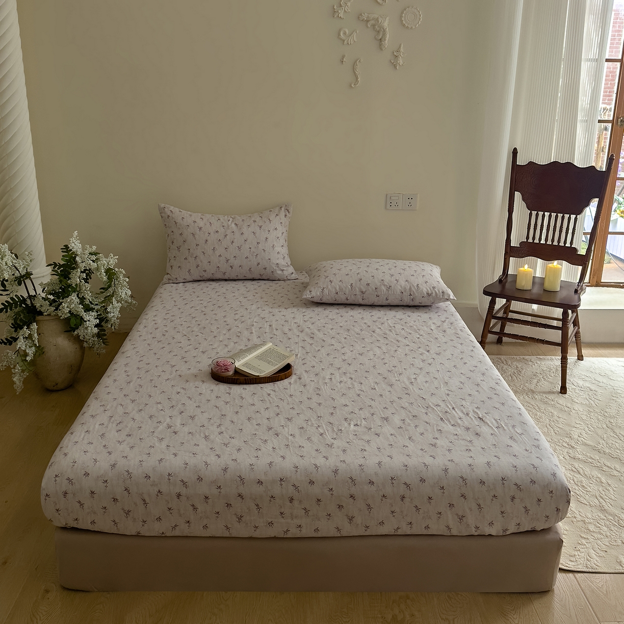 91家纺网 家纺一手货源 找家纺 DoDo 兜兜 2026新款全棉纯棉复古双层纱单品床笠系列（可定做尺寸） 青竹漫-灰