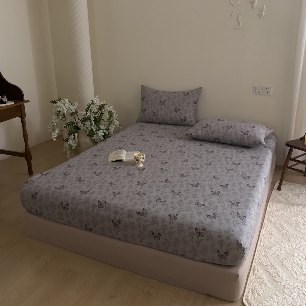 91家纺网 家纺一手货源 找家纺 DoDo 兜兜 2026新款全棉纯棉复古双层纱单品床笠系列（可定做尺寸） 墨蝶