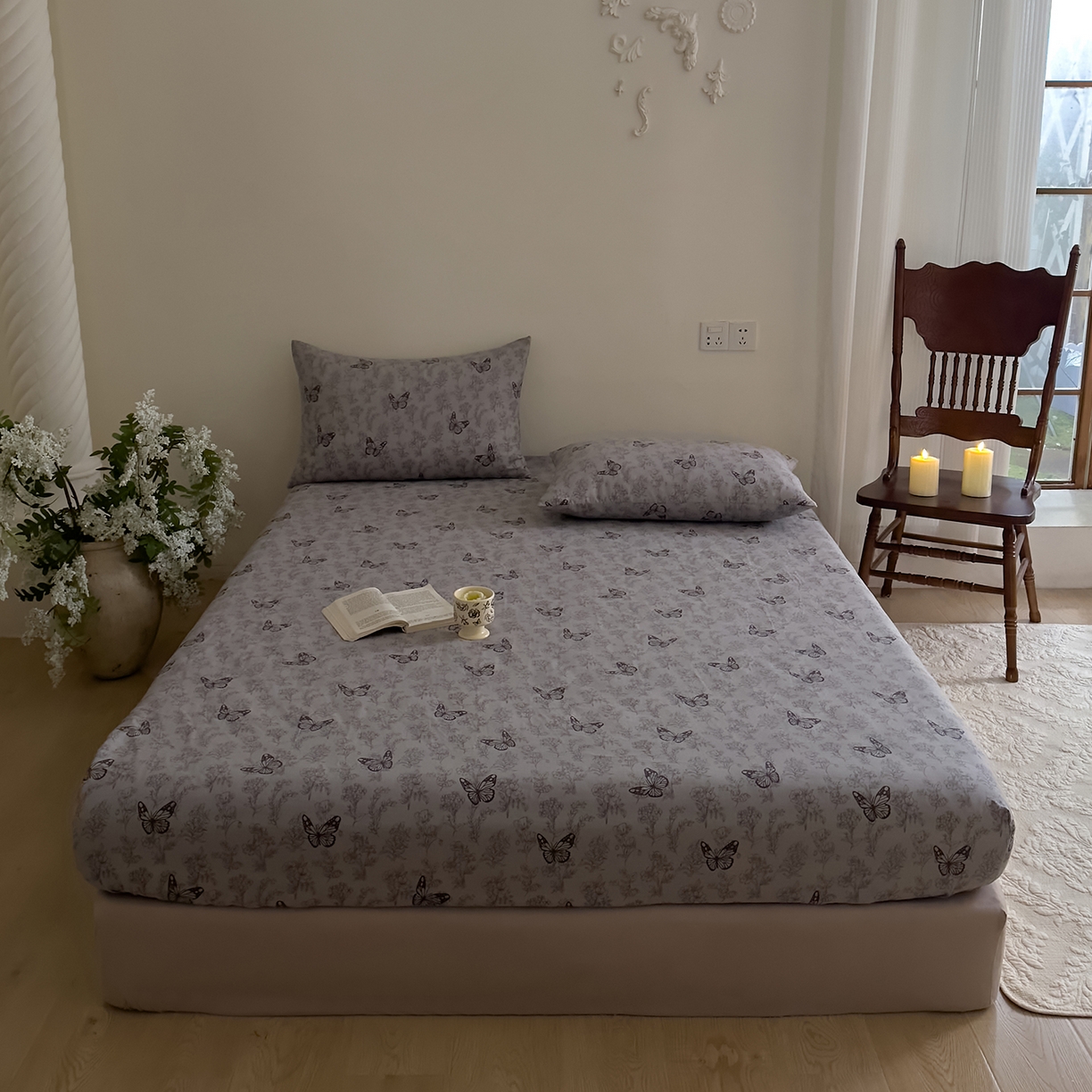 91家纺网 家纺一手货源 找家纺 DoDo 兜兜 2026新款全棉纯棉复古双层纱单品床笠系列（可定做尺寸） 墨蝶