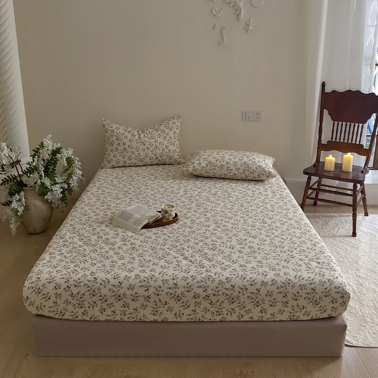 91家纺网 家纺一手货源 找家纺 DoDo 兜兜 2026新款全棉纯棉复古双层纱单品床笠系列（可定做尺寸） 叶语-灰