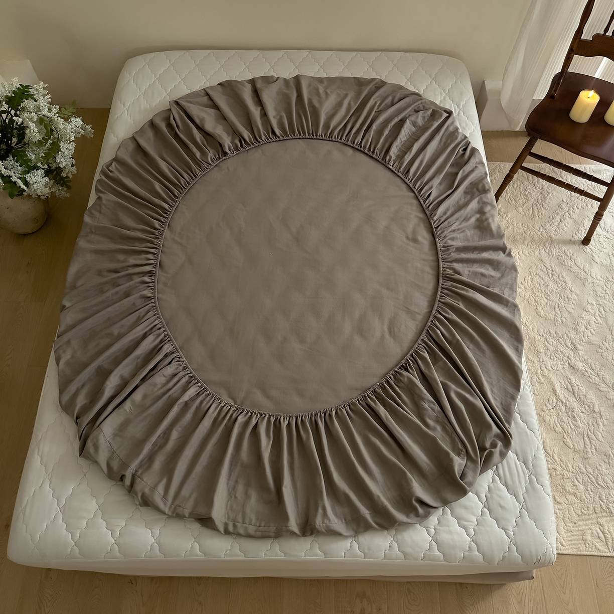 91家纺网 家纺一手货源 找家纺 DoDo 兜兜 2026新款全棉纯棉复古双层纱单品床笠系列（可定做尺寸） 浅茶灰