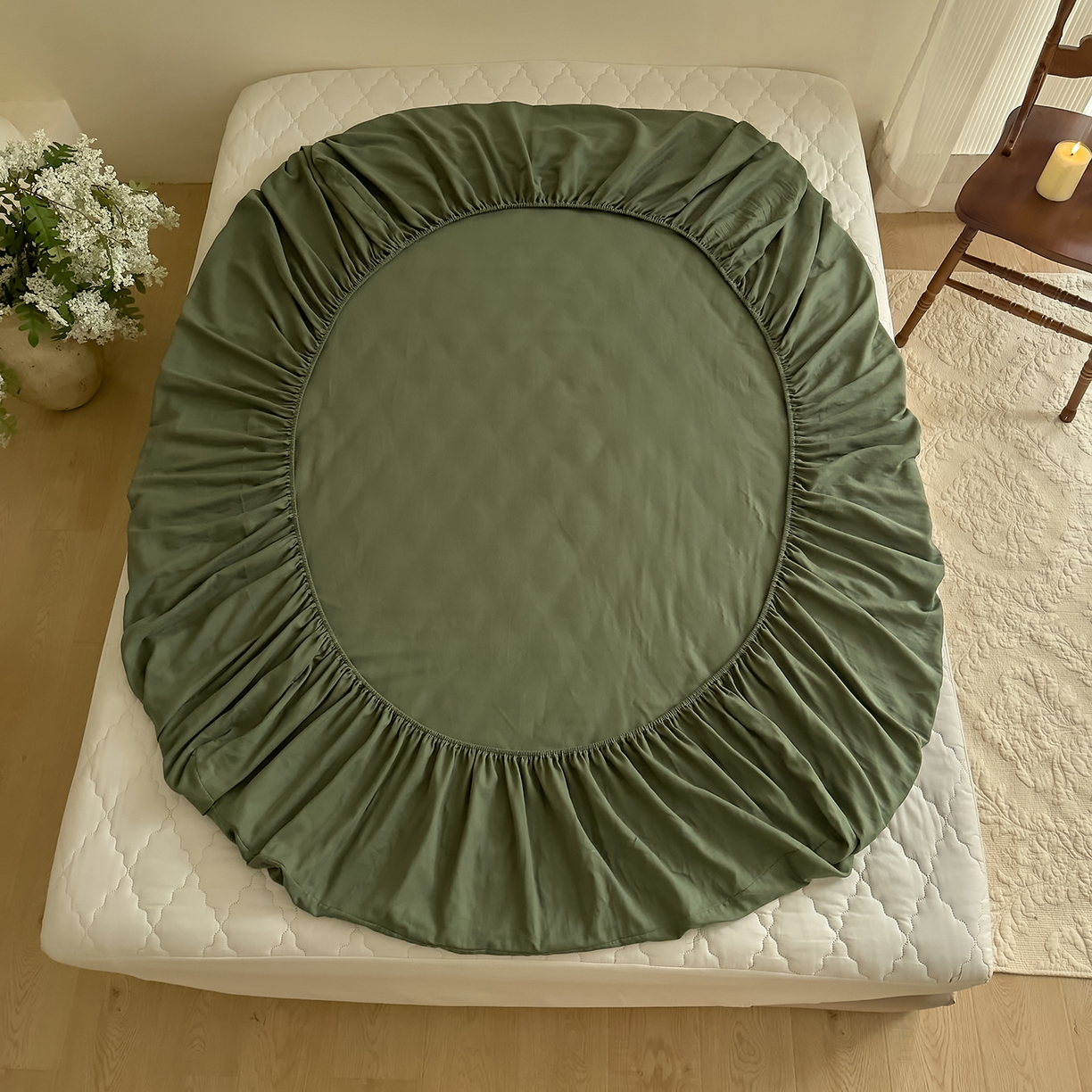 91家纺网 家纺一手货源 找家纺 DoDo 兜兜 2026新款全棉纯棉复古双层纱单品床笠系列（可定做尺寸） 绿色