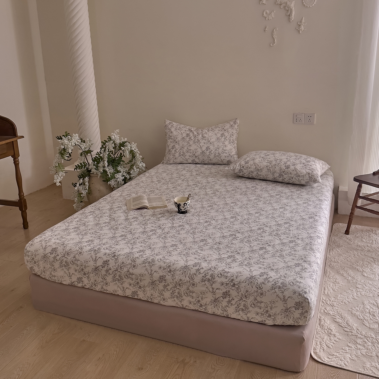 91家纺网 家纺一手货源 找家纺 DoDo 兜兜 2026新款全棉纯棉复古双层纱单品床笠系列（可定做尺寸） 睡花间