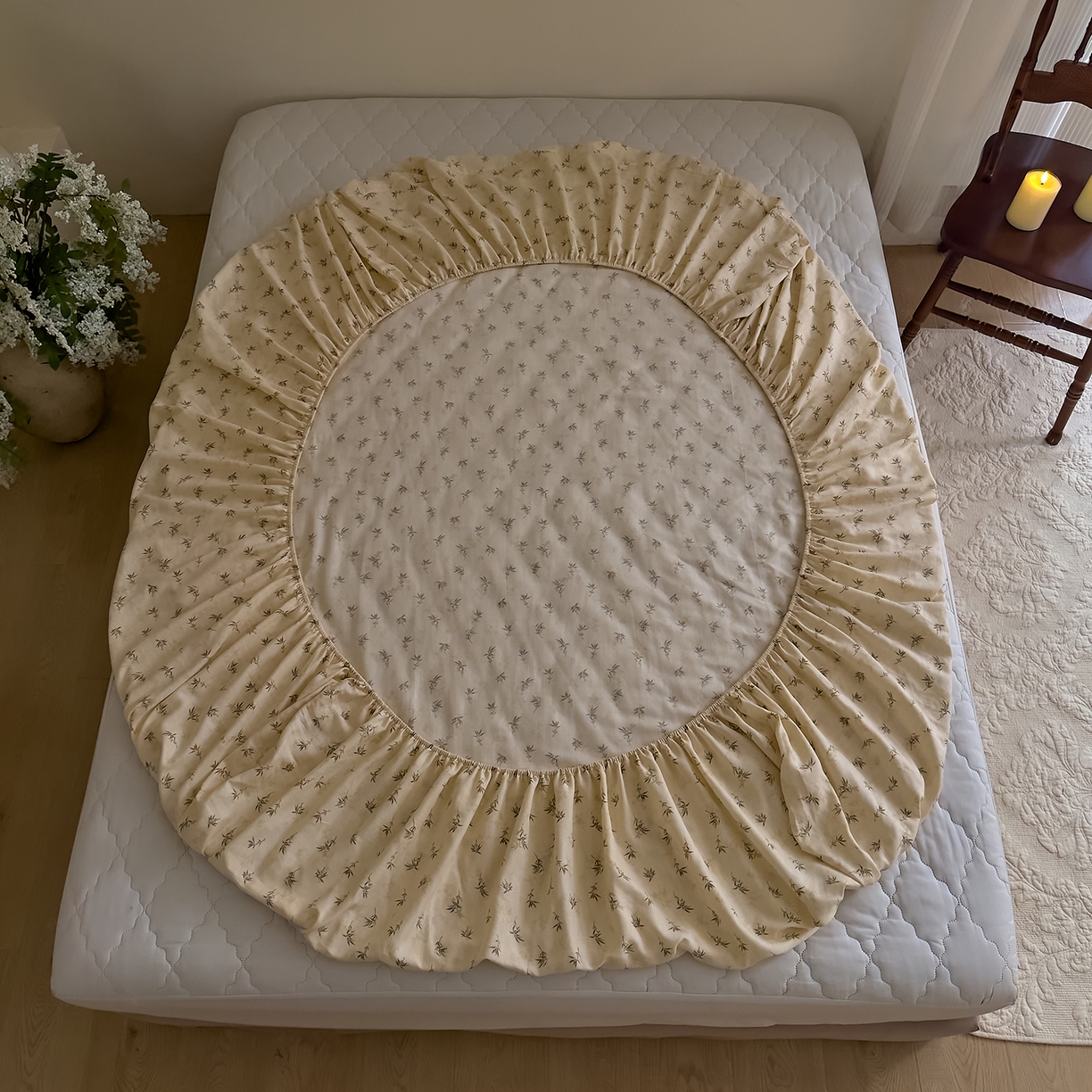 91家纺网 家纺一手货源 找家纺 DoDo 兜兜 2026新款全棉纯棉复古双层纱单品床笠系列（可定做尺寸） 青竹漫-米