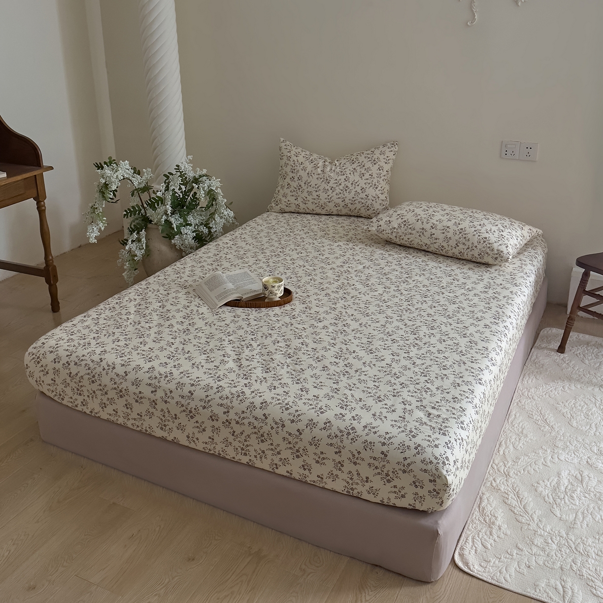 91家纺网 家纺一手货源 找家纺 DoDo 兜兜 2026新款全棉纯棉复古双层纱单品床笠系列（可定做尺寸） 叶语-灰