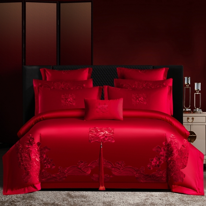 91家纺网 家纺一手货源 找家纺 （总）慕她家纺 2026年全棉纯棉婚庆四件套大红色刺绣结床上用品