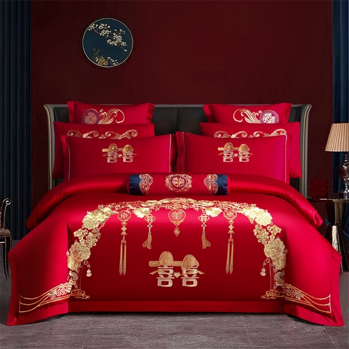 91家纺网 家纺一手货源 找家纺 （总）慕她家纺 2026年全棉纯棉婚庆四件套大红色刺绣结床上用品