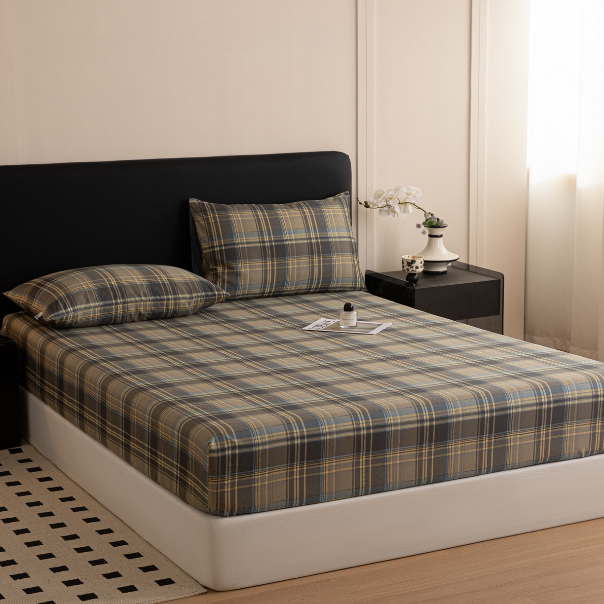 91家纺网 家纺一手货源 找家纺 简宜家居（朝初家纺） 2026新款40支13070全棉简约格子系列A版床笠 英伦-青澜