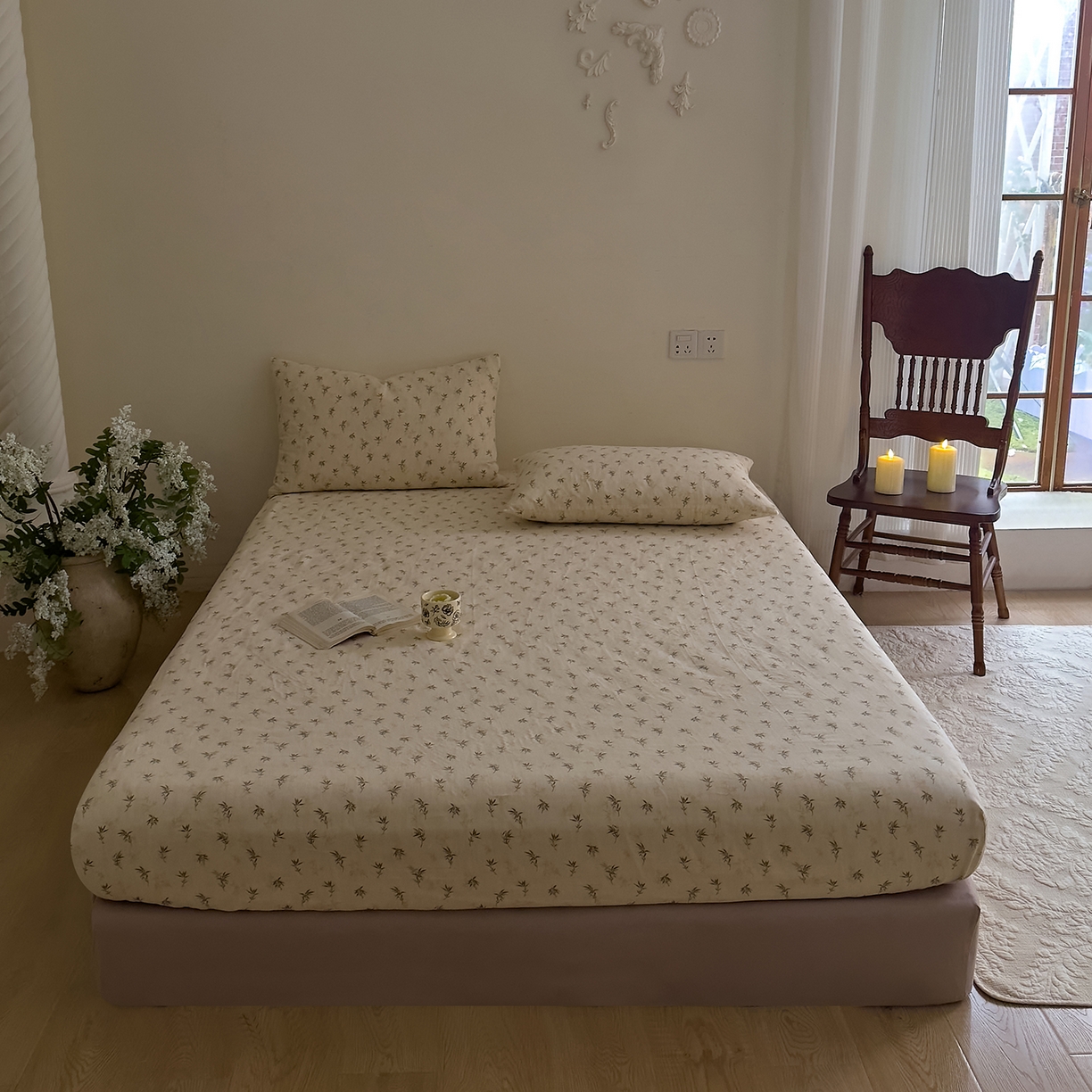 91家纺网 家纺一手货源 找家纺 DoDo 兜兜 2026新款全棉纯棉复古双层纱单品床笠系列（可定做尺寸） 青竹漫-米