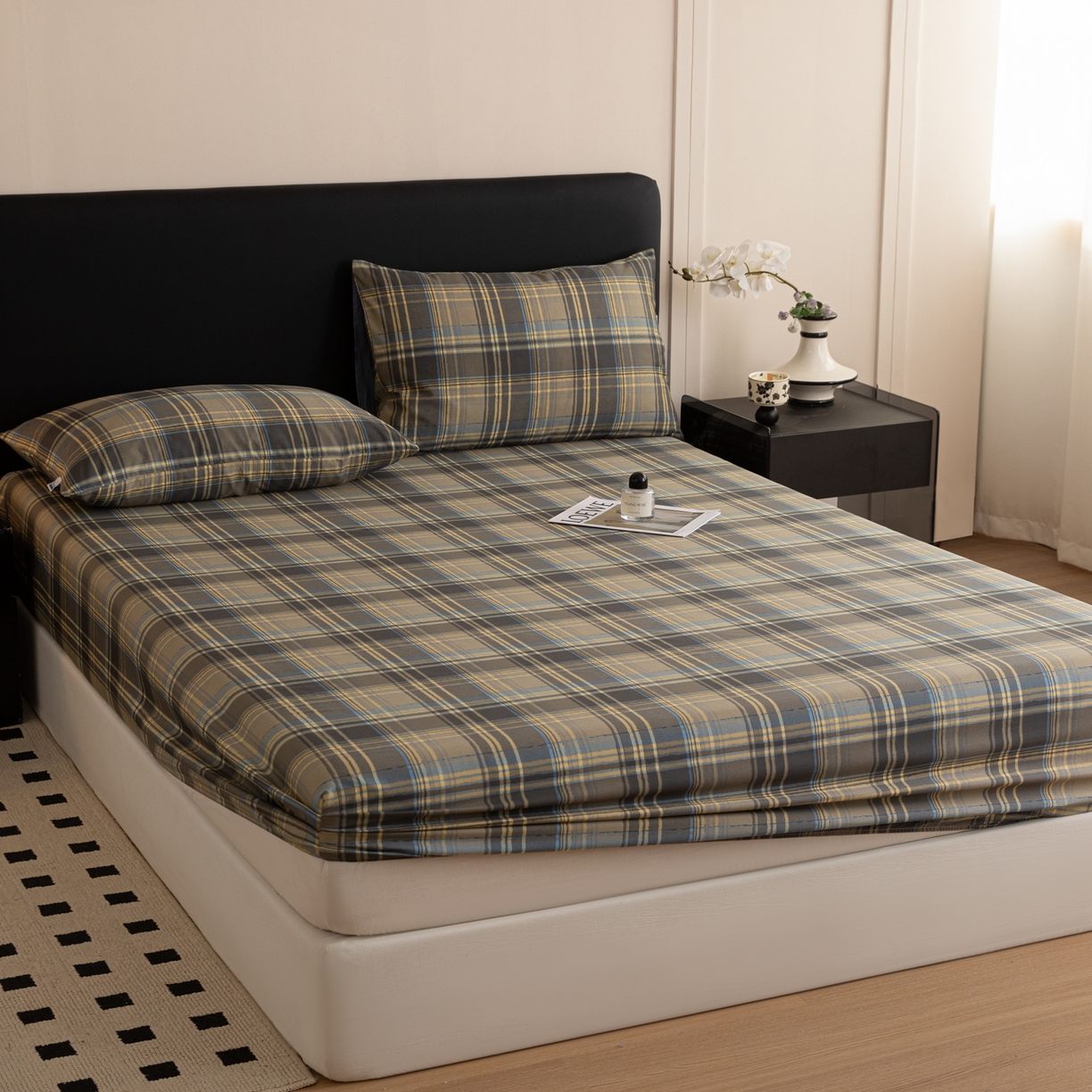 91家纺网 家纺一手货源 找家纺 简宜家居（朝初家纺） 2026新款40支13070全棉简约格子系列A版床笠 英伦-青澜