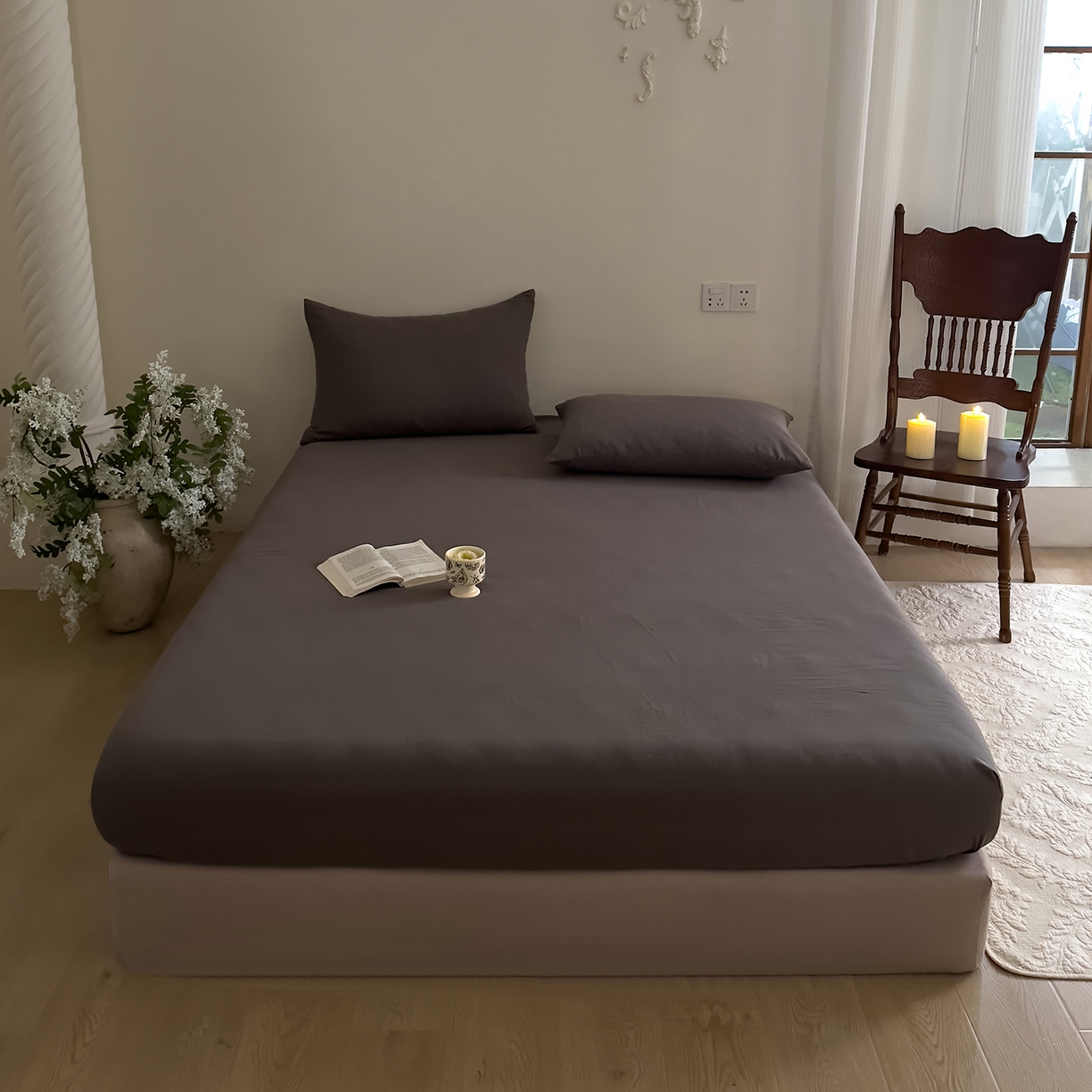 91家纺网 家纺一手货源 找家纺 DoDo 兜兜 2026新款全棉纯棉复古双层纱单品床笠系列（可定做尺寸） 烟灰色