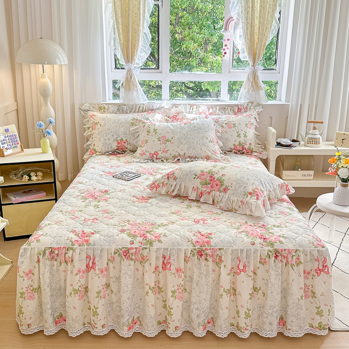 91家纺网 家纺一手货源 找家纺 （总）忘忧草 2026春夏新款全棉纯棉夹棉印花床裙床裙单件