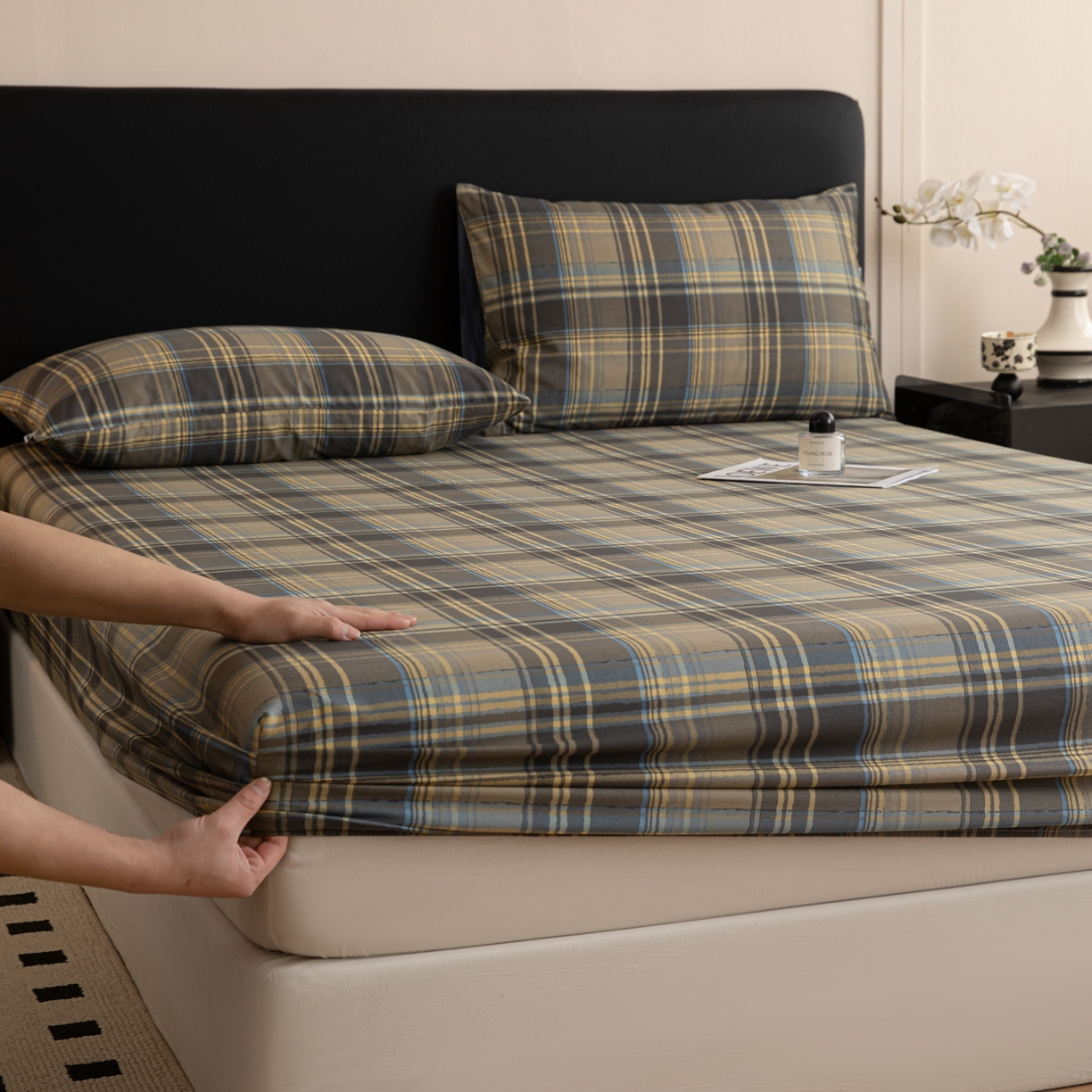 91家纺网 家纺一手货源 找家纺 简宜家居（朝初家纺） 2026新款40支13070全棉简约格子系列A版床笠 英伦-青澜