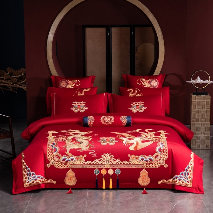 91家纺网 家纺一手货源 找家纺 （总）慕她家纺 2026年全棉纯棉婚庆四件套大红色刺绣结床上用品