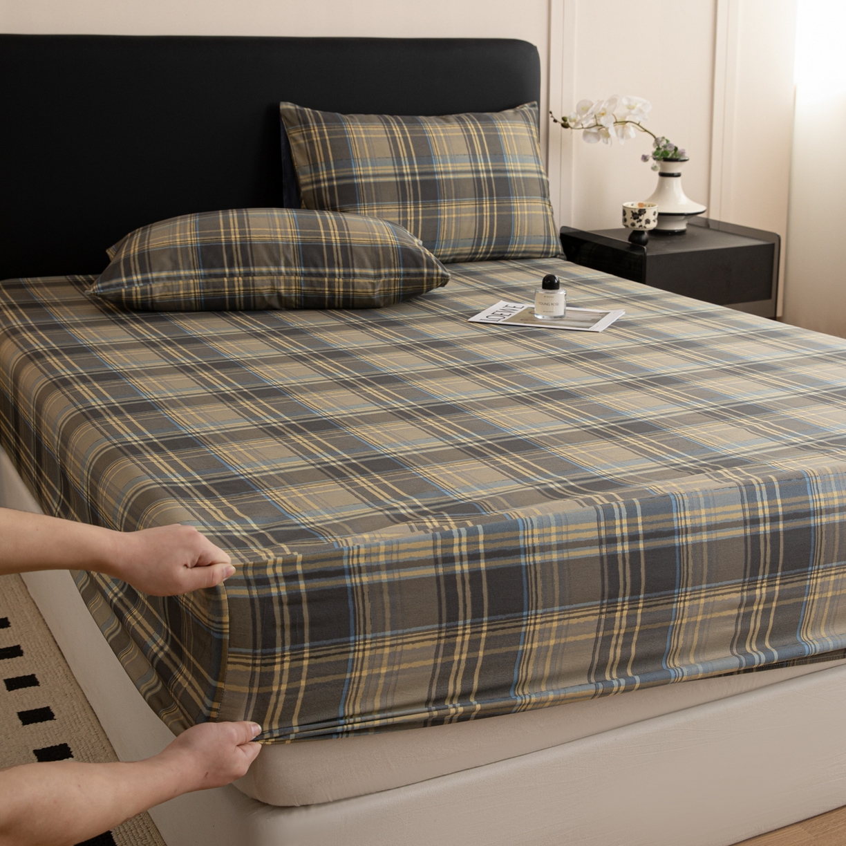 91家纺网 家纺一手货源 找家纺 简宜家居（朝初家纺） 2026新款40支13070全棉简约格子系列A版床笠 英伦-青澜