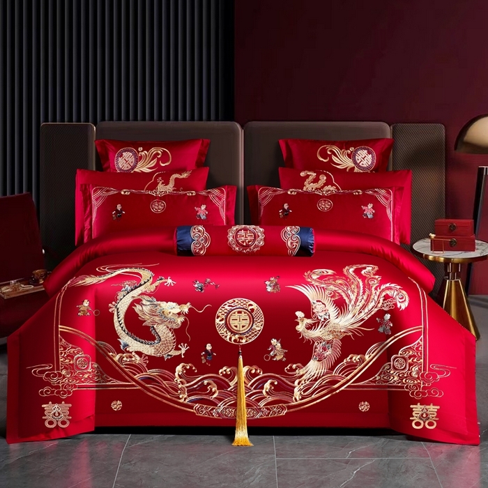 91家纺网 家纺一手货源 找家纺 （总）慕她家纺 2026年全棉纯棉婚庆四件套大红色刺绣结床上用品