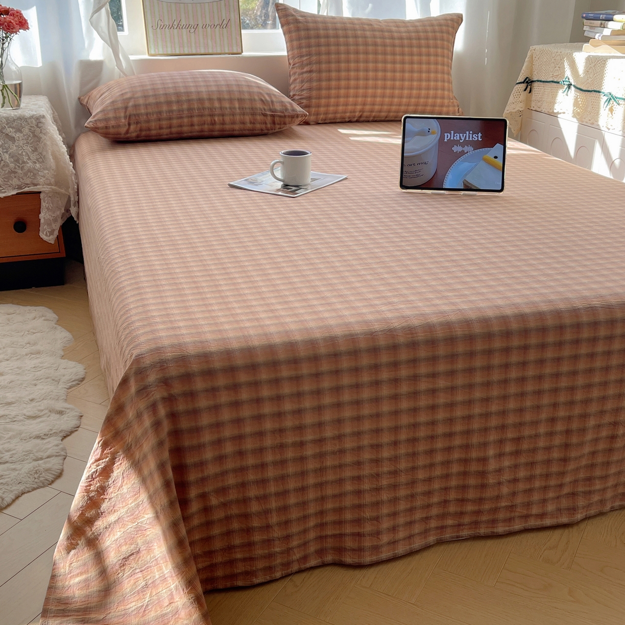 91家纺网 家纺一手货源 找家纺 （总）六巷胡同 2026新款A类全棉纯棉水洗棉色织格子单品床单 床单单件