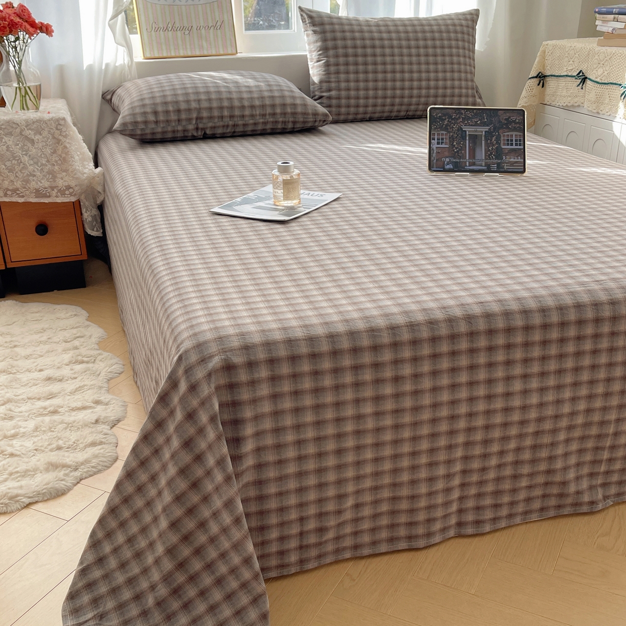 91家纺网 家纺一手货源 找家纺 （总）六巷胡同 2026新款A类全棉纯棉水洗棉色织格子单品床单 床单单件