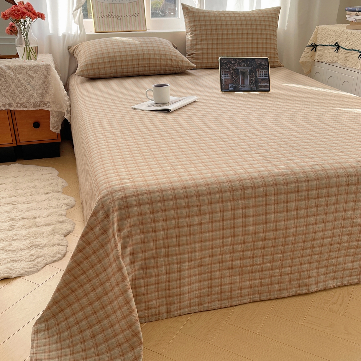 91家纺网 家纺一手货源 找家纺 （总）六巷胡同 2026新款A类全棉纯棉水洗棉色织格子单品床单 床单单件