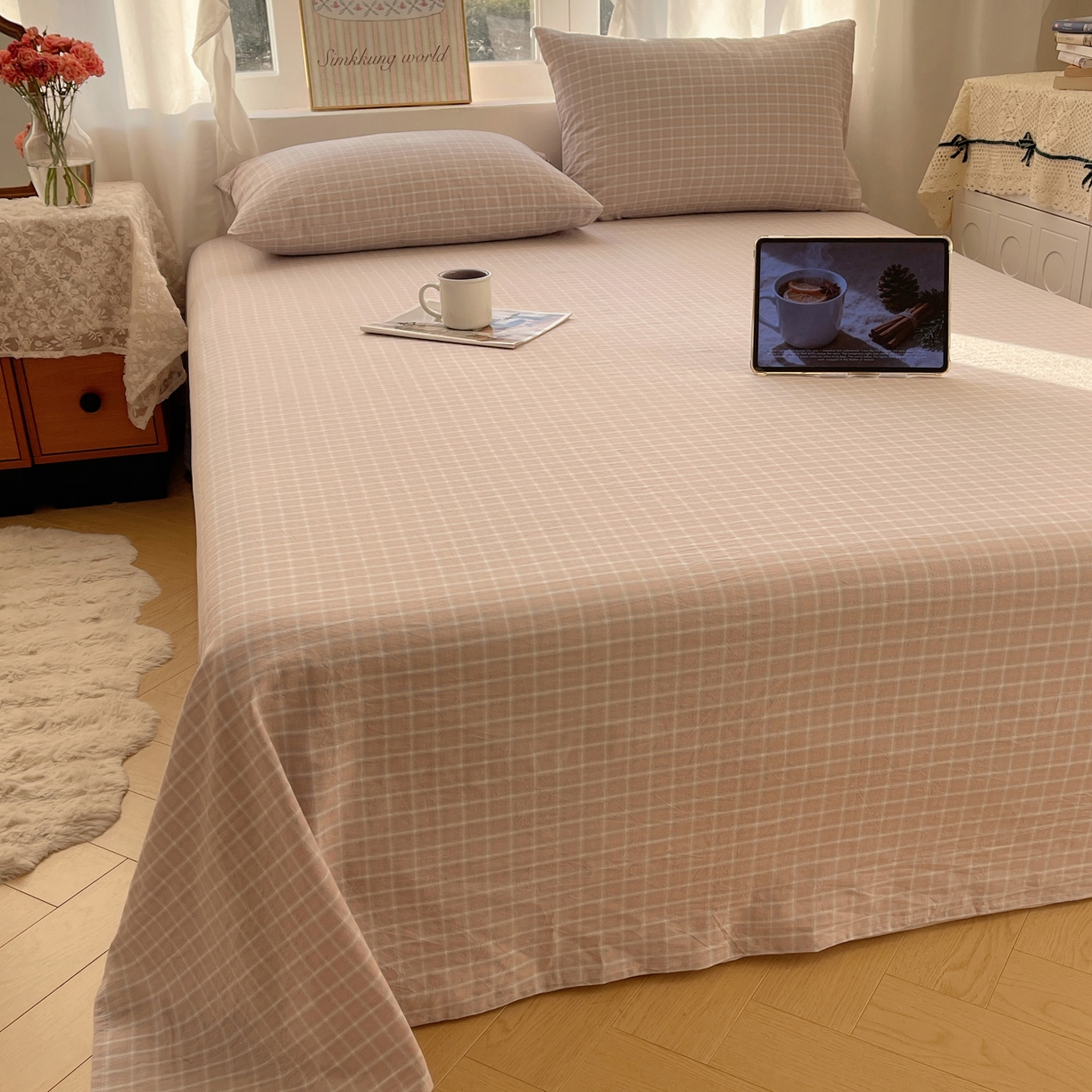 91家纺网 家纺一手货源 找家纺 （总）六巷胡同 2026新款A类全棉纯棉水洗棉色织格子单品床单 床单单件
