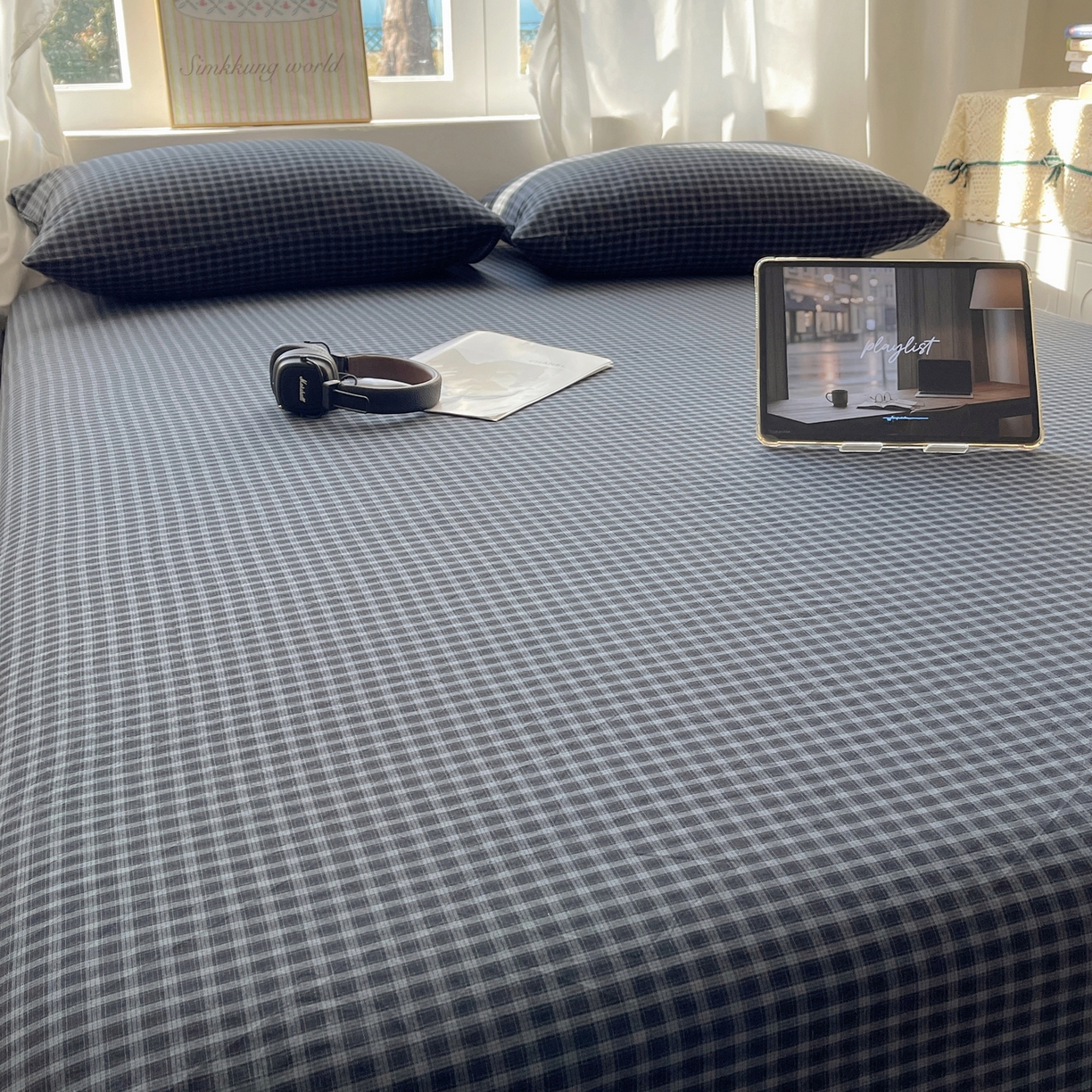 91家纺网 家纺一手货源 找家纺 六巷胡同 2026新款A类全棉纯棉水洗棉色织格子单品床单 床单单件 追光-蓝格