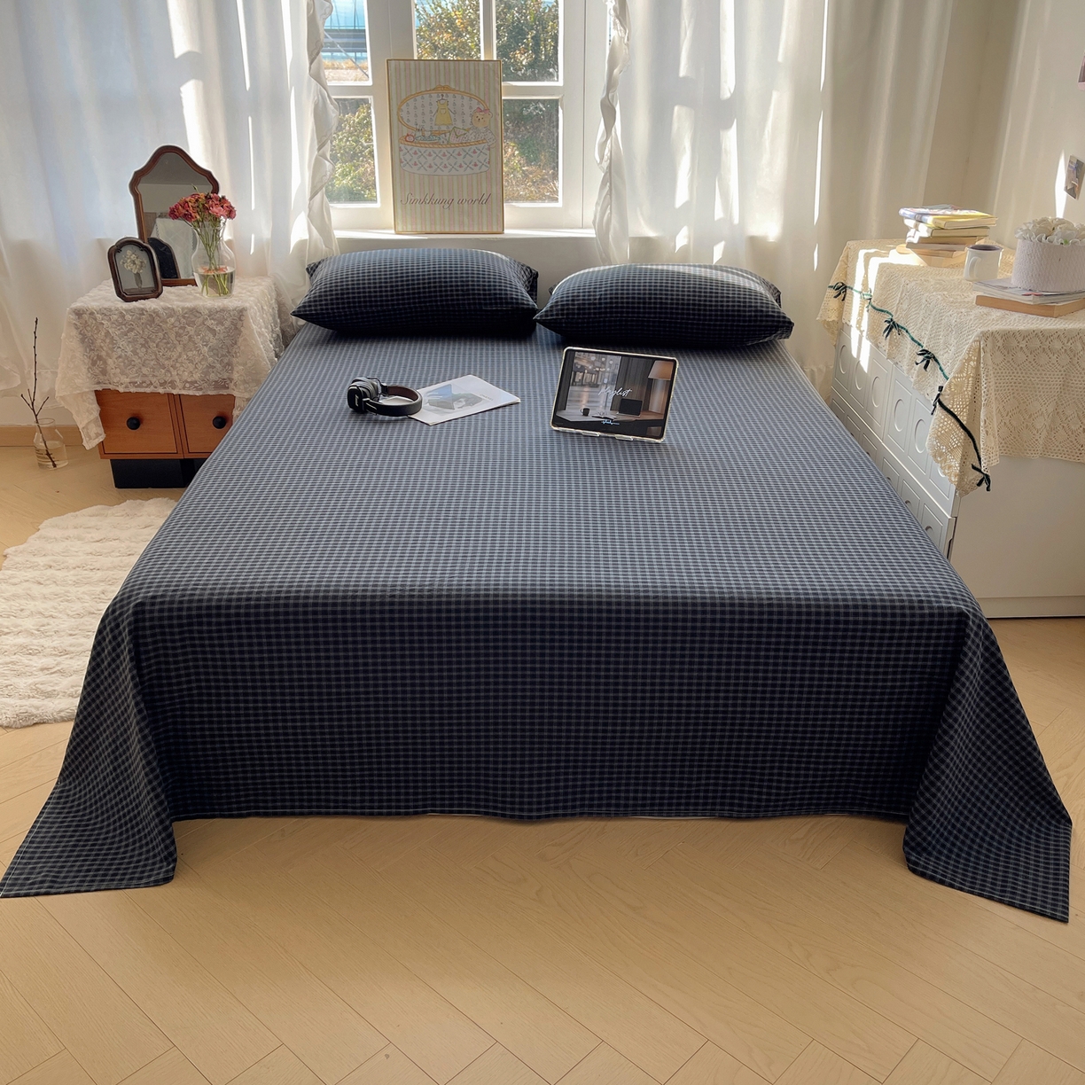 91家纺网 家纺一手货源 找家纺 六巷胡同 2026新款A类全棉纯棉水洗棉色织格子单品床单 床单单件 追光-蓝格