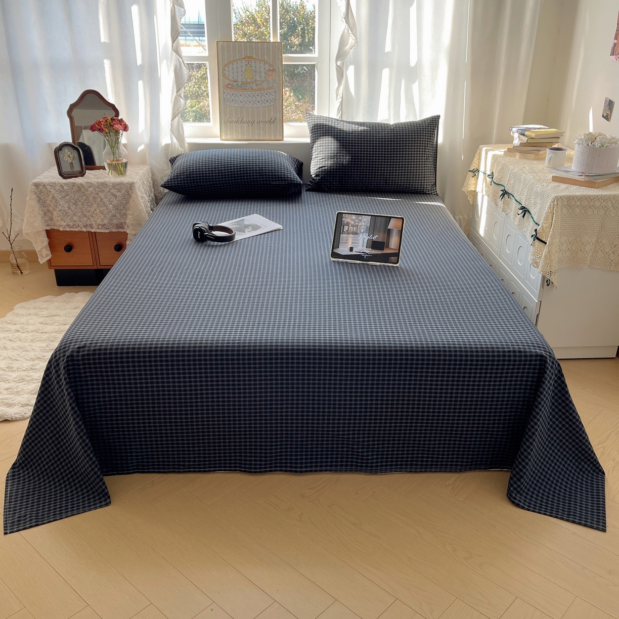 91家纺网 家纺一手货源 找家纺 六巷胡同 2026新款A类全棉纯棉水洗棉色织格子单品床单 床单单件 追光-蓝格