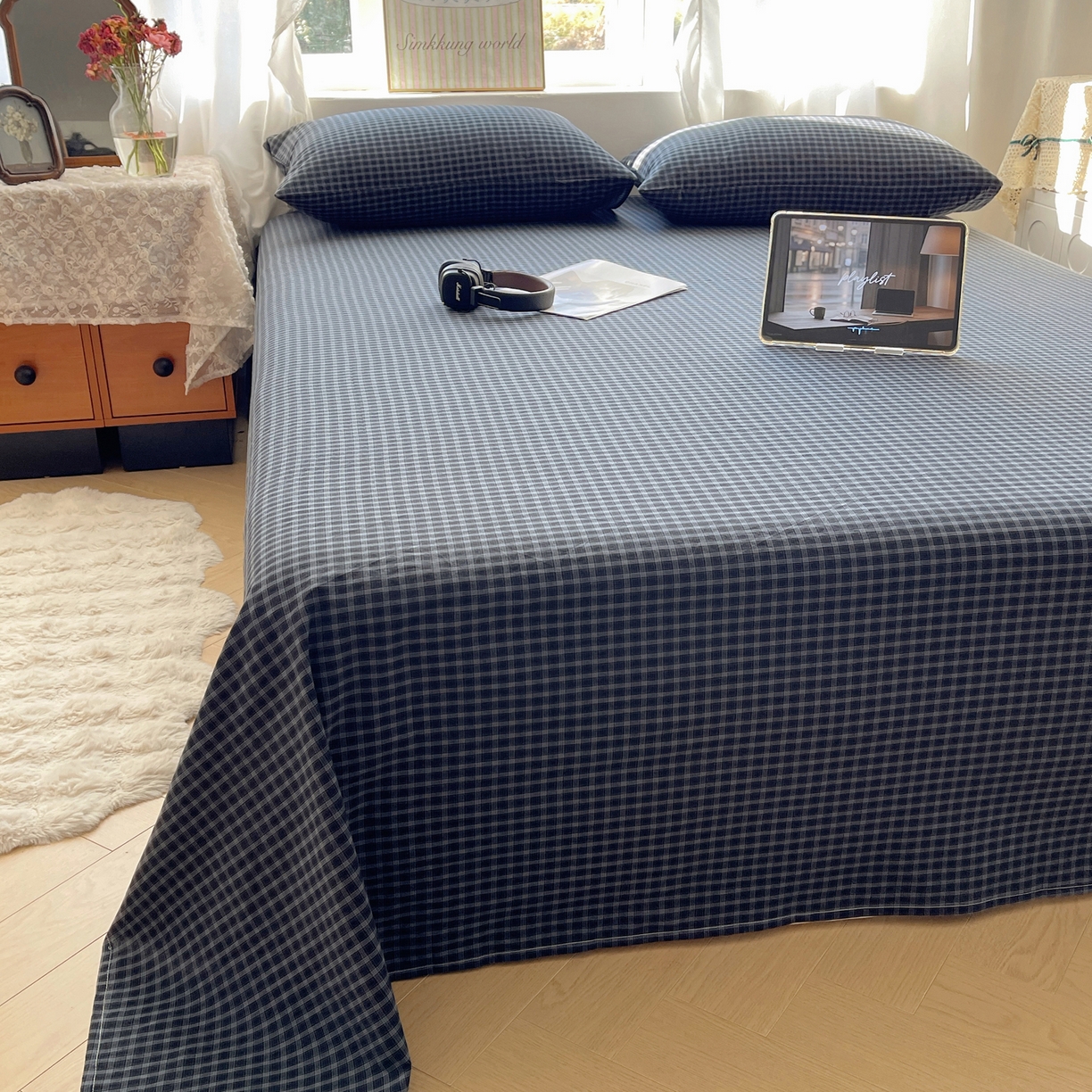 91家纺网 家纺一手货源 找家纺 六巷胡同 2026新款A类全棉纯棉水洗棉色织格子单品床单 床单单件 追光-蓝格