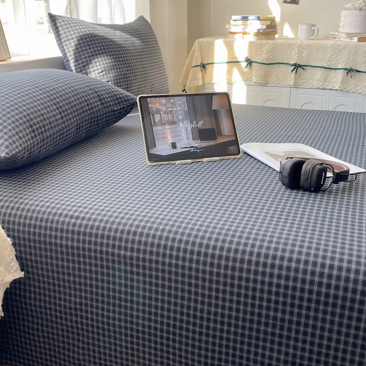 91家纺网 家纺一手货源 找家纺 六巷胡同 2026新款A类全棉纯棉水洗棉色织格子单品床单 床单单件 追光-蓝格