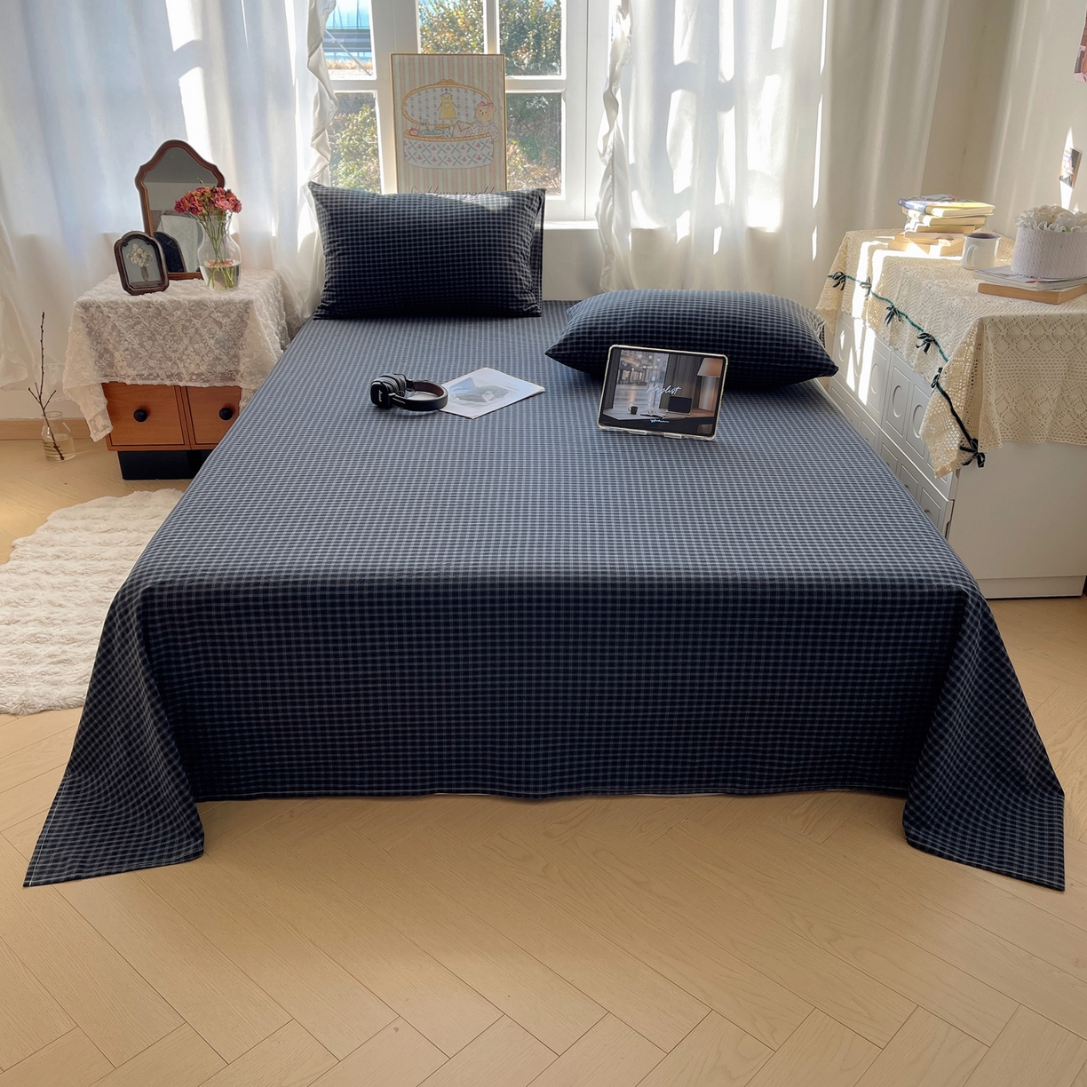 91家纺网 家纺一手货源 找家纺 六巷胡同 2026新款A类全棉纯棉水洗棉色织格子单品床单 床单单件 追光-蓝格