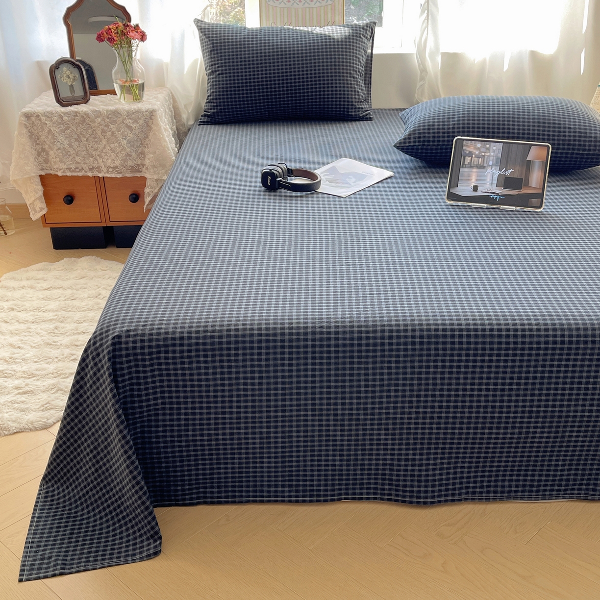 91家纺网 家纺一手货源 找家纺 六巷胡同 2026新款A类全棉纯棉水洗棉色织格子单品床单 床单单件 追光-蓝格