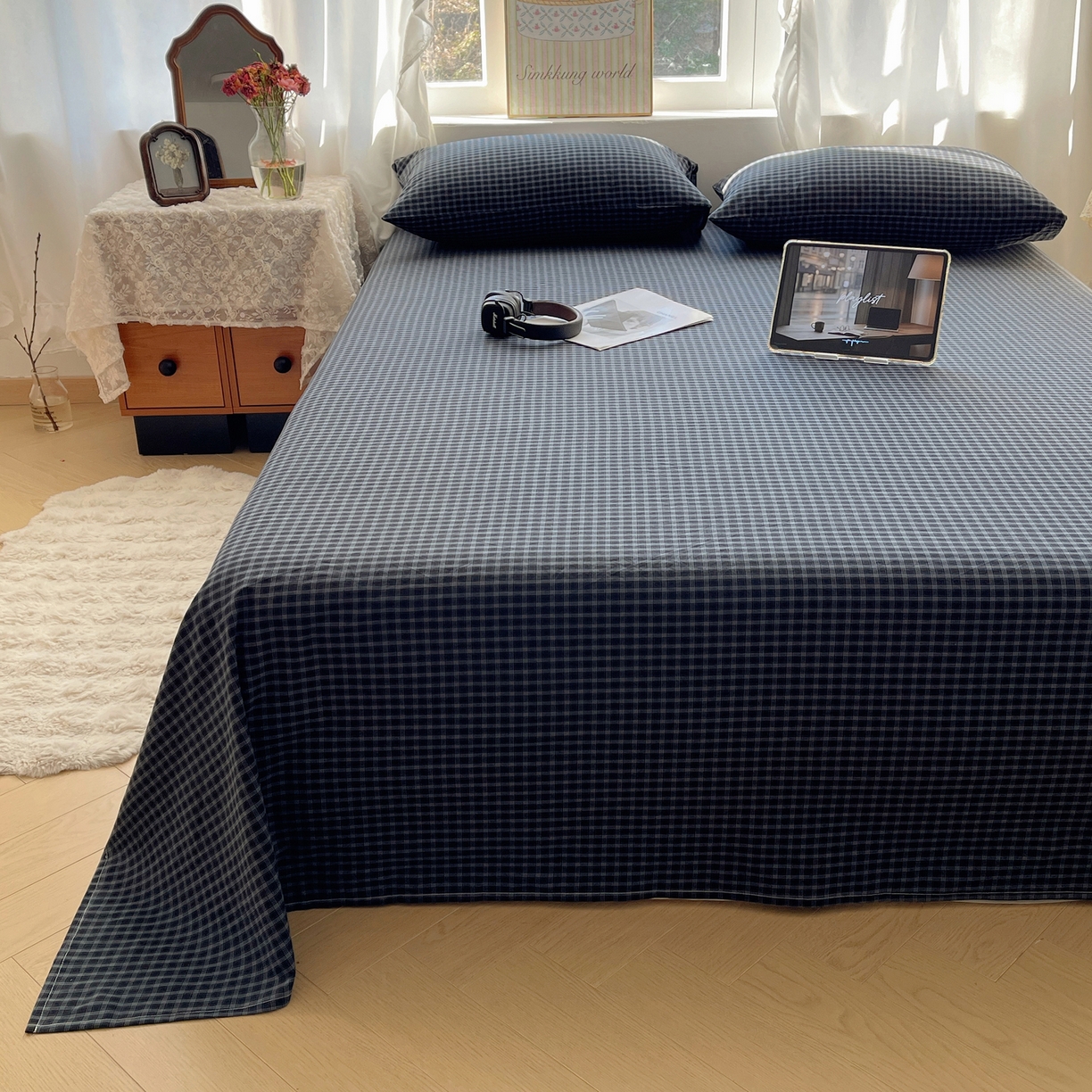 91家纺网 家纺一手货源 找家纺 六巷胡同 2026新款A类全棉纯棉水洗棉色织格子单品床单 床单单件 追光-蓝格