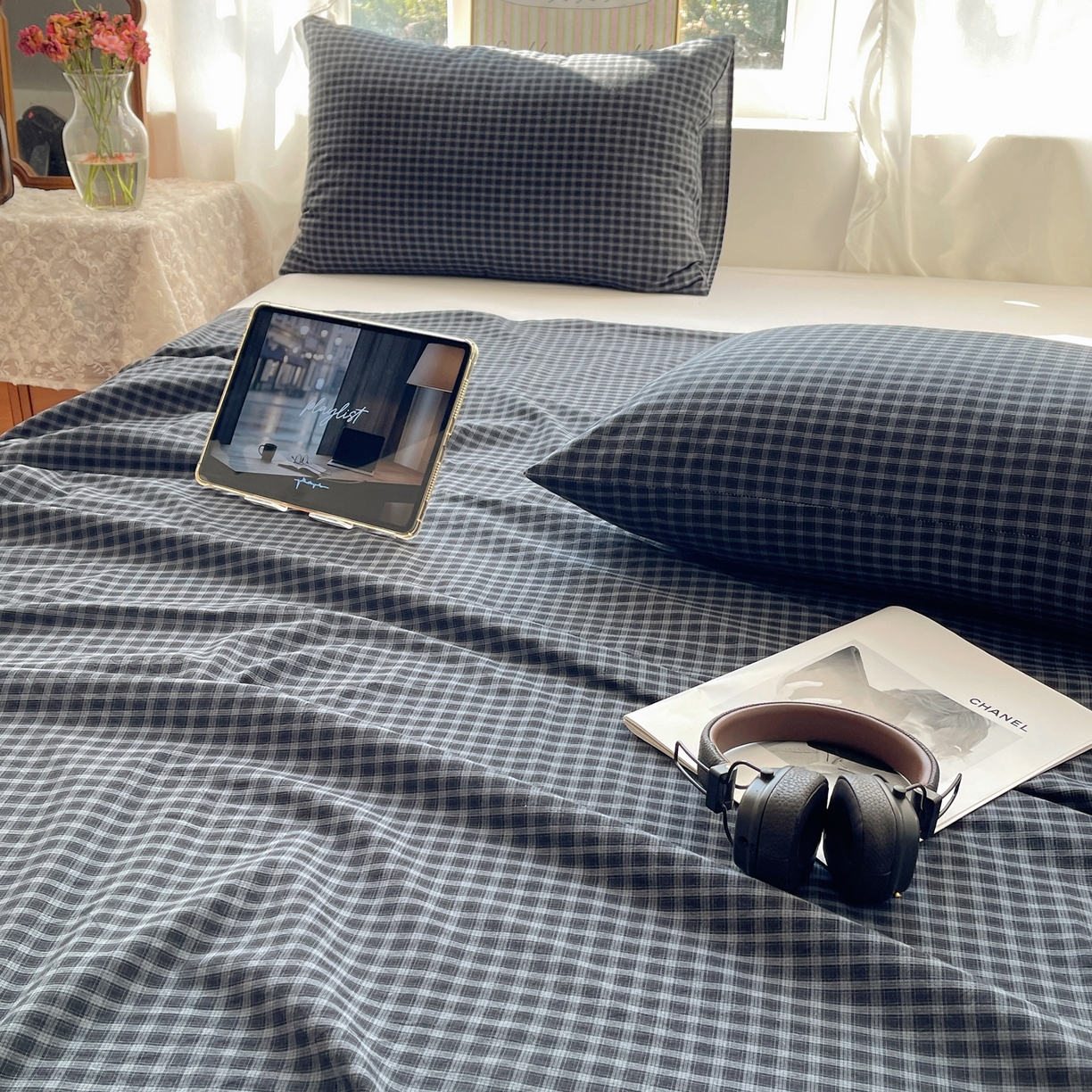 91家纺网 家纺一手货源 找家纺 六巷胡同 2026新款A类全棉纯棉水洗棉色织格子单品床单 床单单件 追光-蓝格