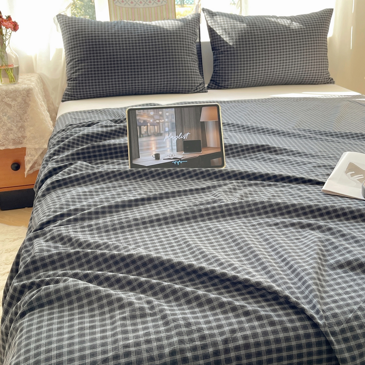 91家纺网 家纺一手货源 找家纺 六巷胡同 2026新款A类全棉纯棉水洗棉色织格子单品床单 床单单件 追光-蓝格