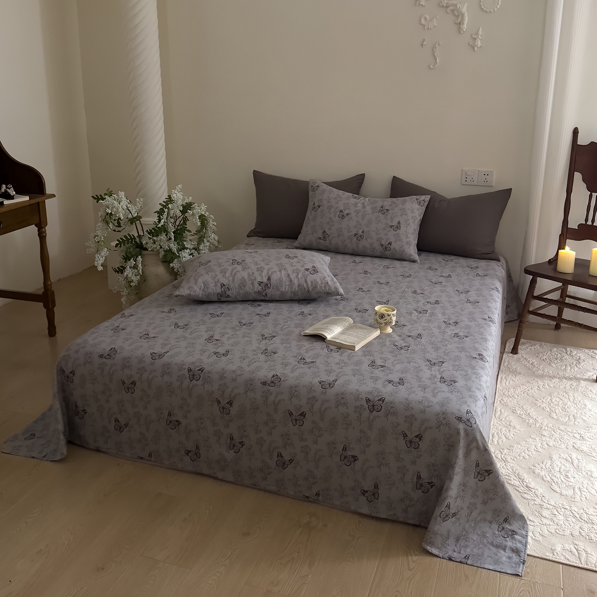 91家纺网 家纺一手货源 找家纺 DoDo 兜兜 2026新款全棉纯棉复古双层纱单品床单系列（可定做尺寸） 墨蝶