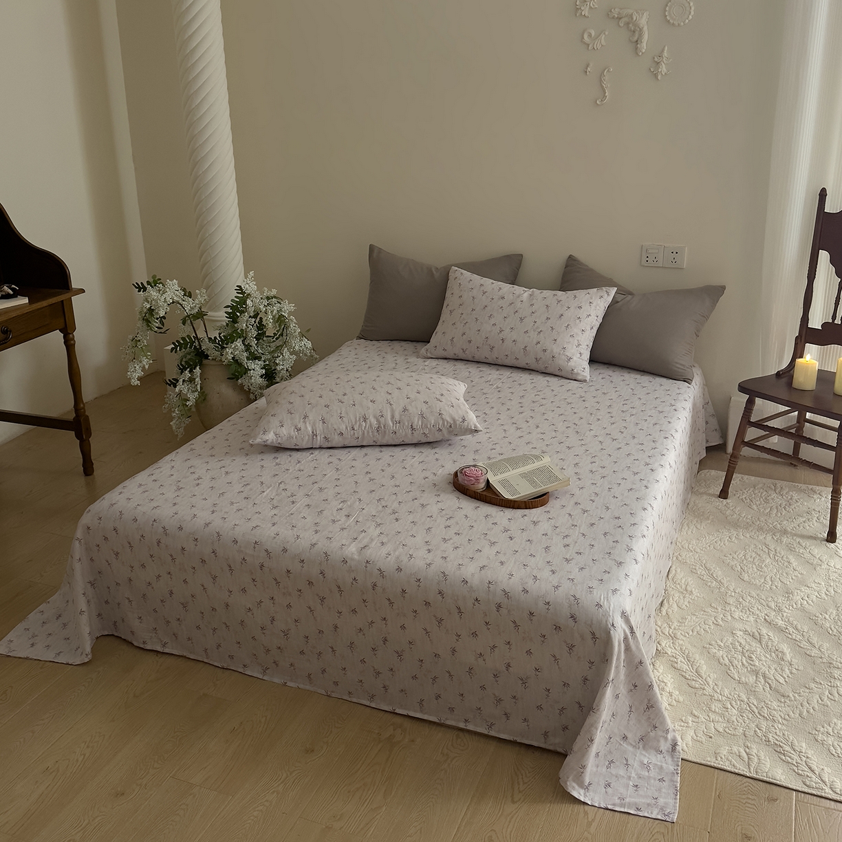 91家纺网 家纺一手货源 找家纺 DoDo 兜兜 2026新款全棉纯棉复古双层纱单品床单系列（可定做尺寸） 青竹漫-灰