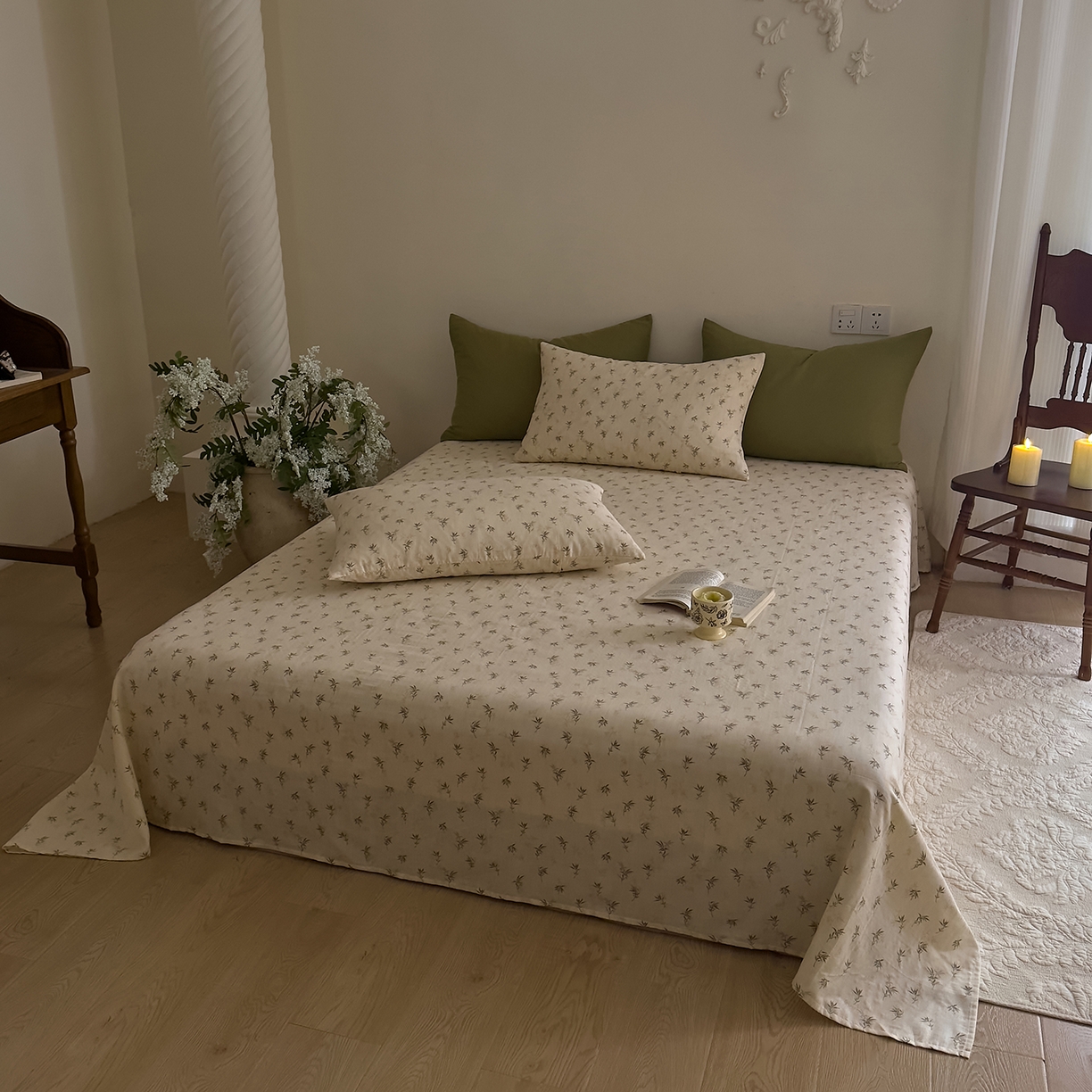 91家纺网 家纺一手货源 找家纺 DoDo 兜兜 2026新款全棉纯棉复古双层纱单品床单系列（可定做尺寸） 青竹漫-米