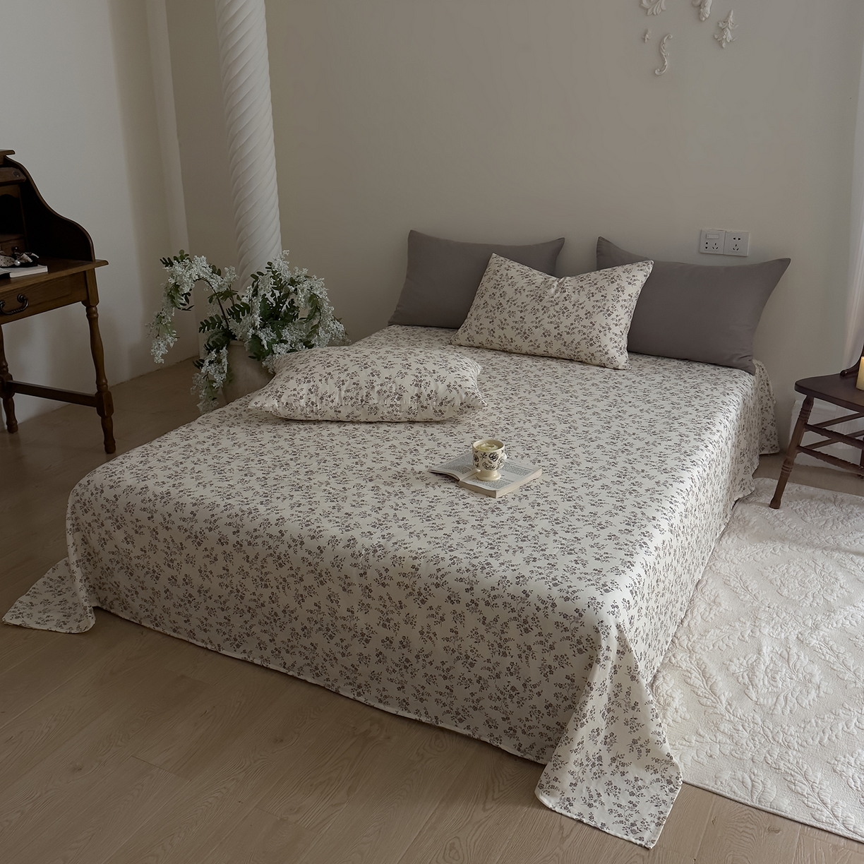 91家纺网 家纺一手货源 找家纺 DoDo 兜兜 2026新款全棉纯棉复古双层纱单品床单系列（可定做尺寸） 叶语-灰