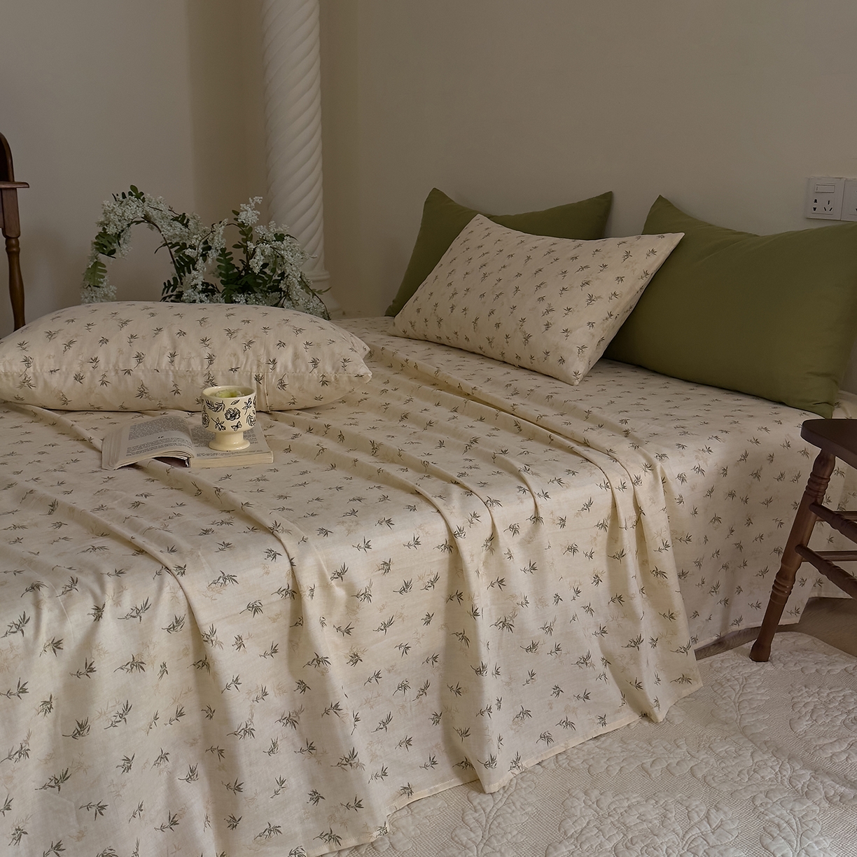 91家纺网 家纺一手货源 找家纺 DoDo 兜兜 2026新款全棉纯棉复古双层纱单品床单系列（可定做尺寸） 青竹漫-米