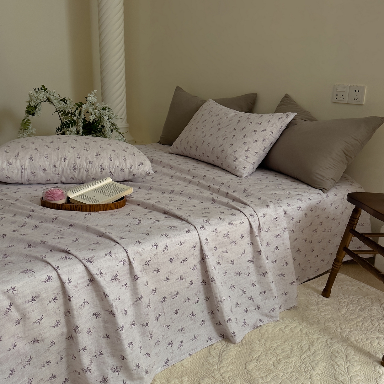 91家纺网 家纺一手货源 找家纺 DoDo 兜兜 2026新款全棉纯棉复古双层纱单品床单系列（可定做尺寸） 青竹漫-灰