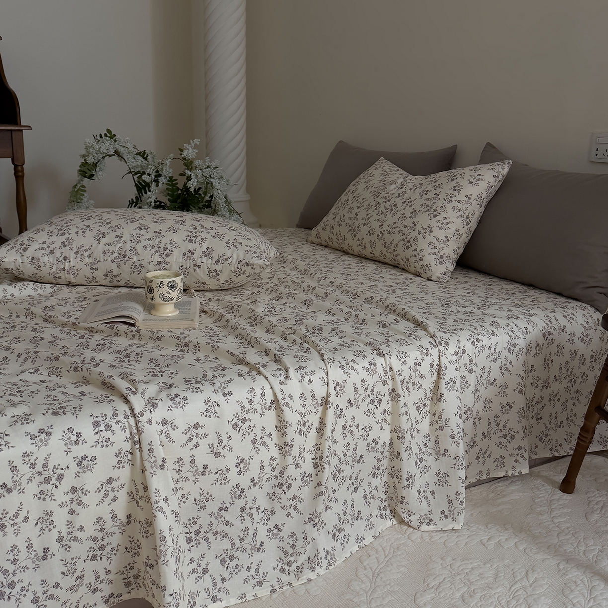 91家纺网 家纺一手货源 找家纺 DoDo 兜兜 2026新款全棉纯棉复古双层纱单品床单系列（可定做尺寸） 叶语-灰