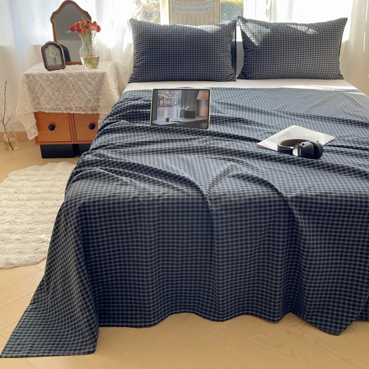 91家纺网 家纺一手货源 找家纺 六巷胡同 2026新款A类全棉纯棉水洗棉色织格子单品床单 床单单件 追光-蓝格