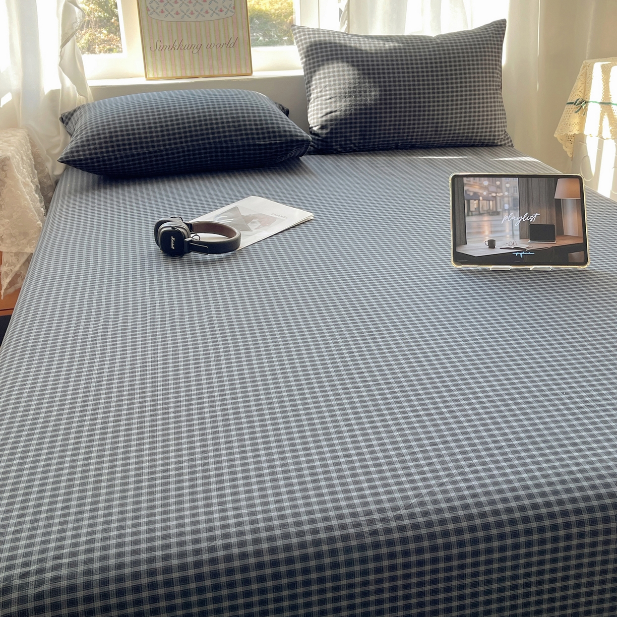 91家纺网 家纺一手货源 找家纺 六巷胡同 2026新款A类全棉纯棉水洗棉色织格子单品床单 床单单件 追光-蓝格