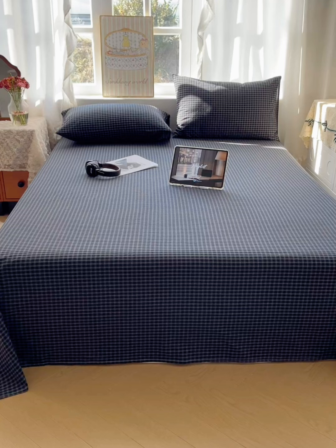 91家纺网 家纺一手货源 找家纺 六巷胡同 2026新款A类全棉纯棉水洗棉色织格子单品床单 床单单件 追光-蓝格